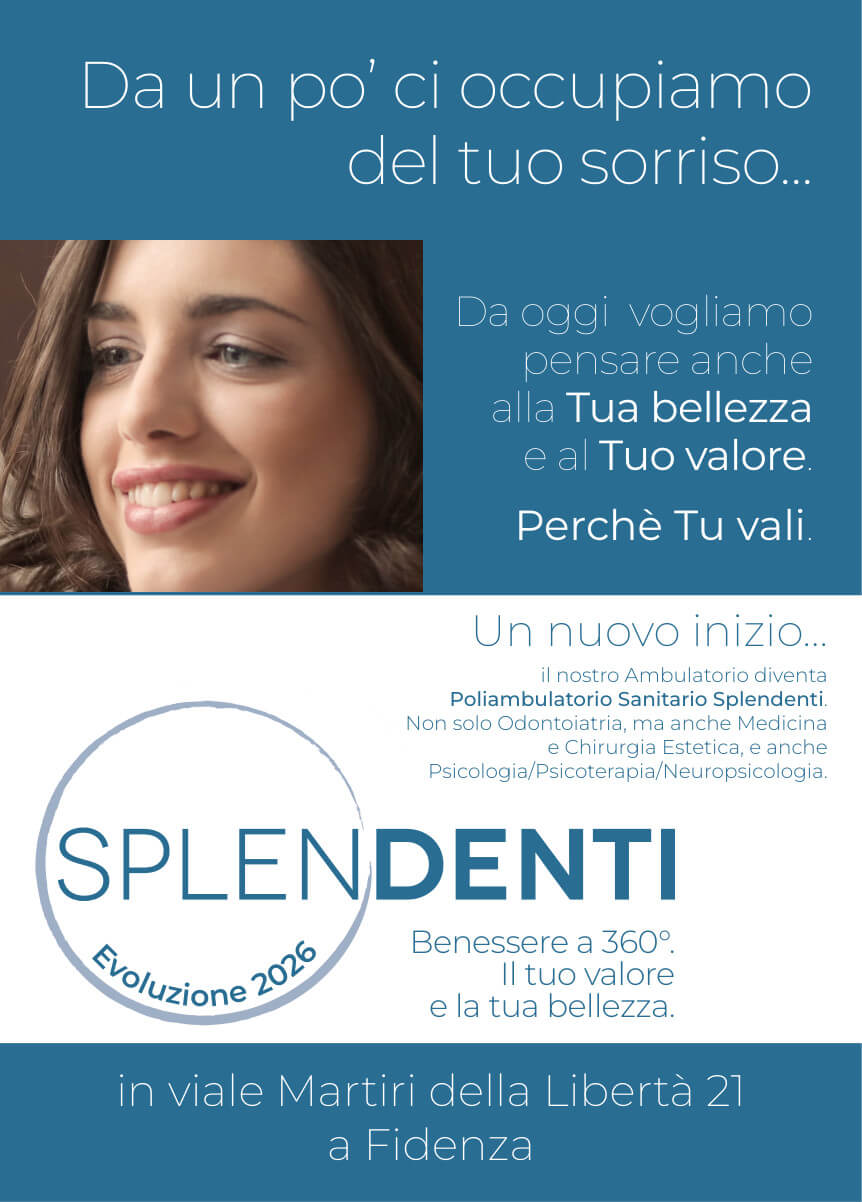 Volantino Evoluzione 2026: il Poliambulatorio Sanitario Splendenti affianca all’odontoiatria medicina e chirurgia estetica, psicologia, psicoterapia e neuropsicologia.
